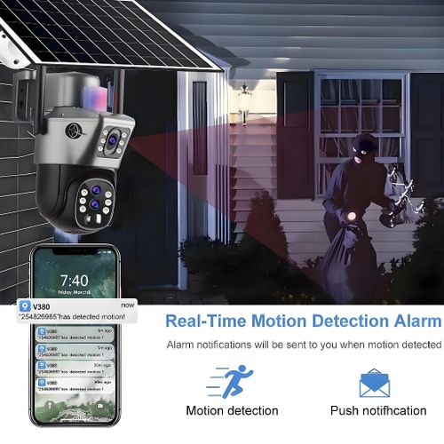 Caméra Solaire 6K 12 MP avec Zoom 10x, 3 Lentilles et 2 Projecteurs LED