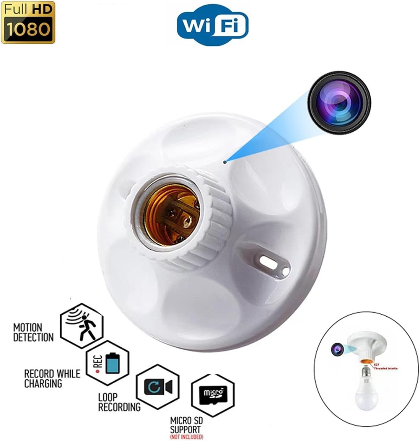 Douille Caméra Espion pour Cuisine et Maison – Caméra WiFi avec Enregistrement sur Carte Mémoire
